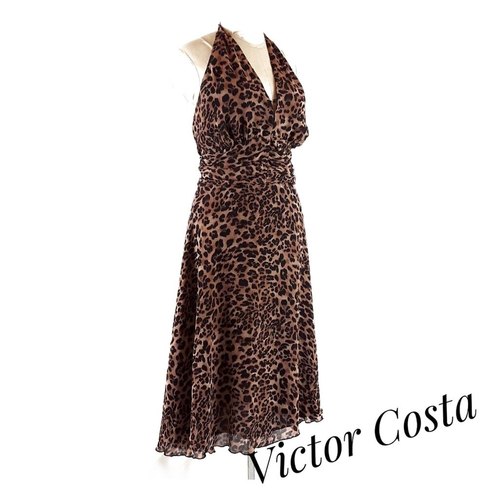VICTOR COSTA Animal Print Halter Dress Sz 10 Flowy Backless Marilyn Monroe Style